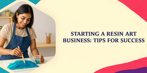 Young woman in apron painting blue resin art indoors with text about starting a resin art business