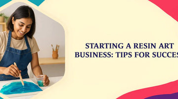 Young woman in apron painting blue resin art indoors with text about starting a resin art business