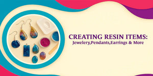 Colorful resin jewelry including earrings and pendants with pigment powders and mold on beige background