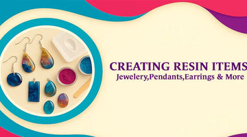 Colorful resin jewelry including earrings and pendants with pigment powders and mold on beige background