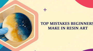 Gloved hand holding round resin art coaster with blue, white, and gold colors and decorative crystal accents