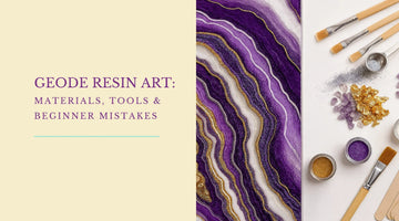 Geode resin art with purple and gold layers, paintbrushes, pigments, and crafting tools on white surface