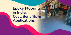 Epoxy flooring in industrial warehouse with polished reflective floor and text about cost benefits applications in India
