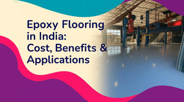Epoxy flooring in industrial warehouse with polished reflective floor and text about cost benefits applications in India