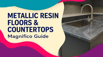 Metallic resin countertop with undermount sink and modern faucet in kitchen setting