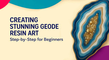 Blue and gold geode resin art with step-by-step guide for beginners on beige background