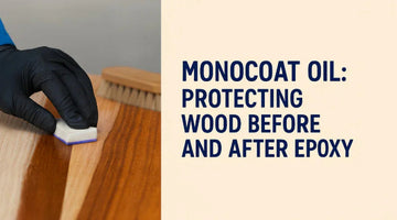 Hand in black glove applying Monocoat oil on wood surface with brush in background