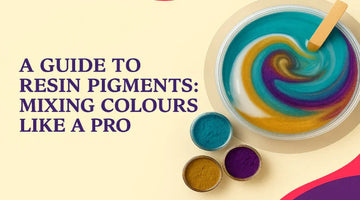 Resin pigments guide with swirling blue, purple, and gold colors in a mixing cup and pigment powders nearby