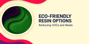 Eco-friendly resin options concept with green circular swirl and text reducing VOCs and waste