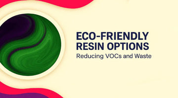Eco-friendly resin options concept with green circular swirl and text reducing VOCs and waste