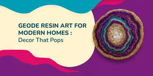 Colorful geode resin art with purple, gold, and teal layers on purple background, modern home decor