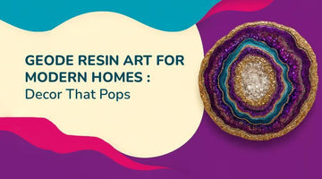 Colorful geode resin art with purple, gold, and teal layers on purple background, modern home decor