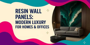 Modern living room with luxurious green resin wall panel, gray sofa, round black coffee table, and floor lamp