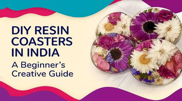 DIY resin coasters with colorful dried flowers on white wooden surface, creative beginner's guide in India