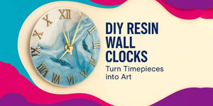 DIY resin wall clock with blue and white swirl design and gold Roman numerals on colorful background