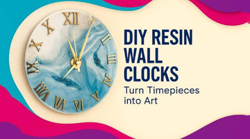 DIY resin wall clock with blue and white swirl design and gold Roman numerals on colorful background