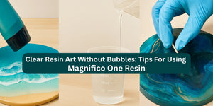 Resin art process with heat gun, resin pouring, and gloved hand removing bubbles on ocean-themed resin pieces