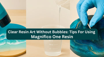 Resin art process with heat gun, resin pouring, and gloved hand removing bubbles on ocean-themed resin pieces