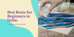 Gloved hand pouring clear resin over blue and pink abstract art canvas showing resin craft process