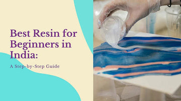 Gloved hand pouring clear resin over blue and pink abstract art canvas showing resin craft process