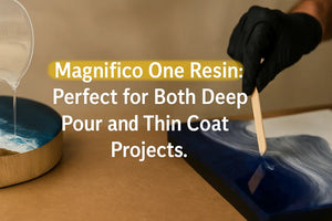 Pouring Magnifico One Resin into a wooden mold and spreading resin on a blue art piece with a wooden stick