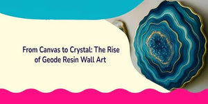 Geode resin wall art with blue crystal design next to text about the rise of geode resin wall art