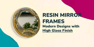 Round resin mirror frame with gold accents and high gloss finish on cream background