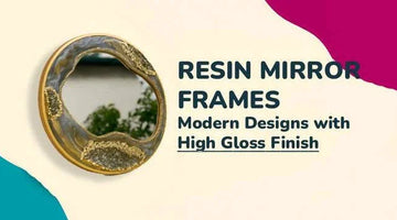 Round resin mirror frame with gold accents and high gloss finish on cream background