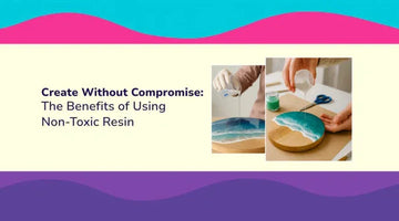 Hands pouring non-toxic resin over a wooden surface with ocean-themed art, benefits of non-toxic resin