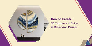 Modern blue and gold resin wall panels in circular design above black cabinet with text on creating 3D textured resin wall art