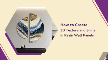 Modern blue and gold resin wall panels in circular design above black cabinet with text on creating 3D textured resin wall art