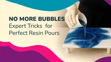 Person pouring blue resin on small raised white surface with text 'No more bubbles expert tricks for perfect resin pours'