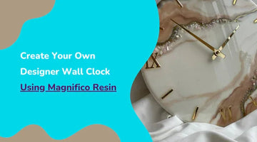 Designer wall clock with gold Roman numerals and hands on white and beige resin background