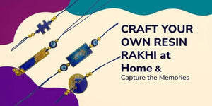 Handcrafted resin rakhi bands with gold accents and blue thread on purple and cream background