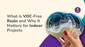 Hand holding resin art coasters with ocean wave design and text about VOC-free resin for indoor projects