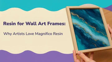 Hands holding wooden frame with blue resin wall art against colorful background with text about Magnifico Resin