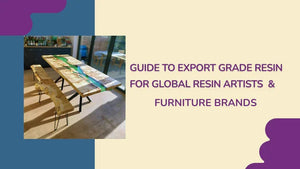 Modern wood and blue epoxy resin table with matching benches in a bright room, guide for resin artists and furniture brands