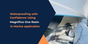 Technicians applying Magnifico One Resin waterproofing on a boat hull in marine setting