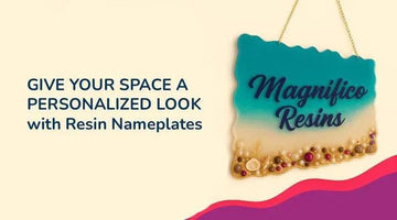 Decorative resin nameplate with blue and beige gradient and embedded beads, promoting personalized resin nameplates