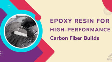 Applying epoxy resin on carbon fiber for high-performance builds, with bold text and colorful geometric shapes