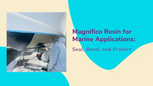 Two people in protective suits working on the underside of a boat using marine resin