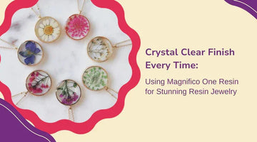 Round resin necklaces with colorful preserved flowers on gold chains, promoting Magnifico One Resin jewelry