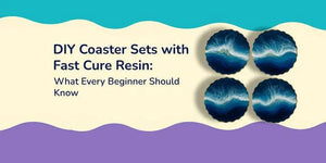 DIY coaster sets with fast cure resin tutorial featuring four blue ocean wave-inspired resin coasters on wavy beige, turquoise, and purple background