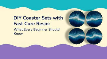 DIY coaster sets with fast cure resin tutorial featuring four blue ocean wave-inspired resin coasters on wavy beige, turquoise, and purple background