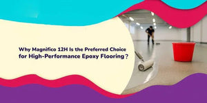 Person applying high-performance epoxy flooring with roller and red bucket in bright industrial space