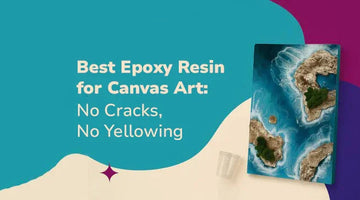 Text about best epoxy resin for canvas art with an ocean-themed resin art canvas and clear mixing cup