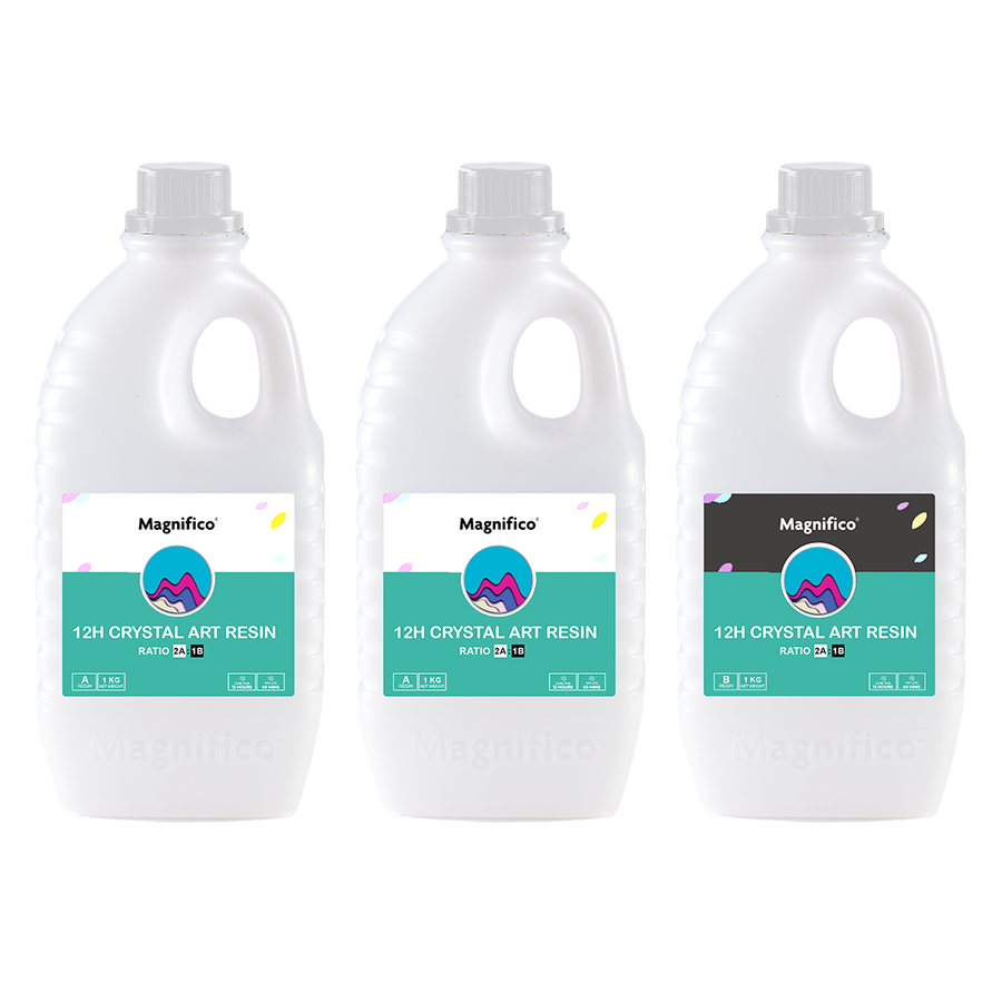 Three bottles of 12H Crystal Art Resin in white, each with a label indicating the product name and mix ratio.