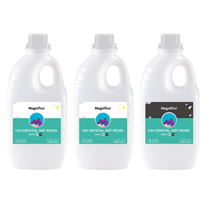 Three bottles of 12H Crystal Art Resin in white, each with a label indicating the product name and mix ratio.