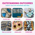 Collage of clock art, wall art, pendant, tray & coaster, jewellery, and furniture with text 'Outstanding Outcomes' and product categories.