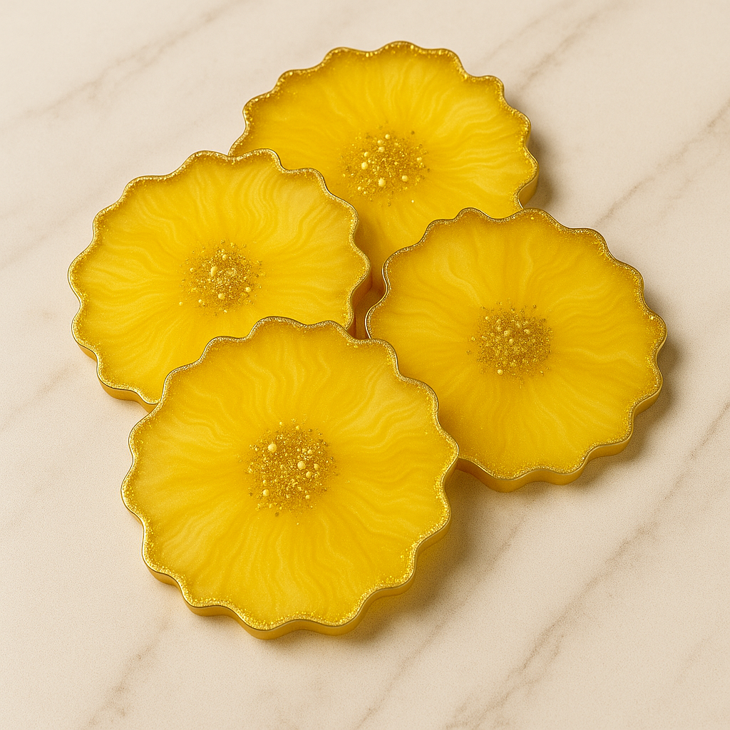 Four yellow floral plates with gold centers on a marble surface